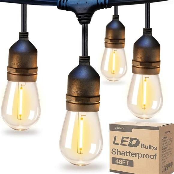 LED Outdoor String Lights 48FT with Edison Vintage Shatterproof Bulbs - Picture 1 of 7